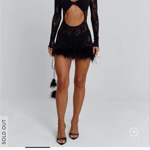 Chic Black Lace Feather-Trim Dress